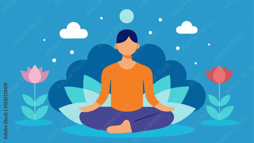 Mindfulness Meditation A peaceful scene with a person meditating surrounded by soothing symbols like lotus flowers and calming waves signifying a state of presence that quiets the Mindfulness Meditation A peaceful scene with a person meditating surrounded by soothing symbols like lotus flowers and calming waves signifying a state of presence that quiets the
