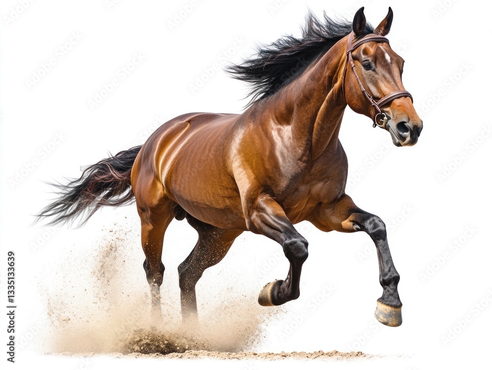 A powerful horse gallops across a pristine white background, demonstrating agility and elegance with each stride, kicking up dust around its hooves A powerful horse gallops across a pristine white background, demonstrating agility and elegance with each stride, kicking up dust around its hooves