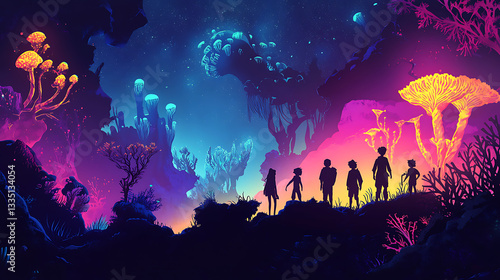 A group of silhouetted children exploring a vibrant alien landscape filled with glowing fungi and plants
