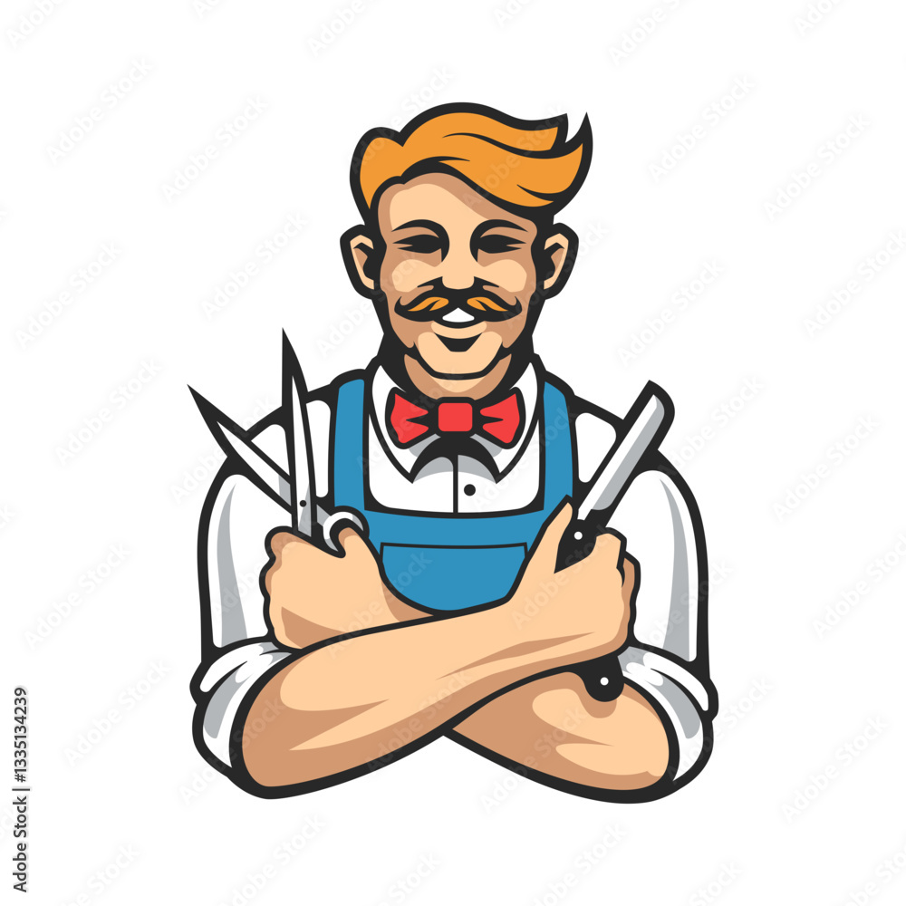 Friendly Barber with Scissors and Razor, Perfect for Salon Logos. Friendly Barber with Scissors and Razor, Perfect for Salon Logos.