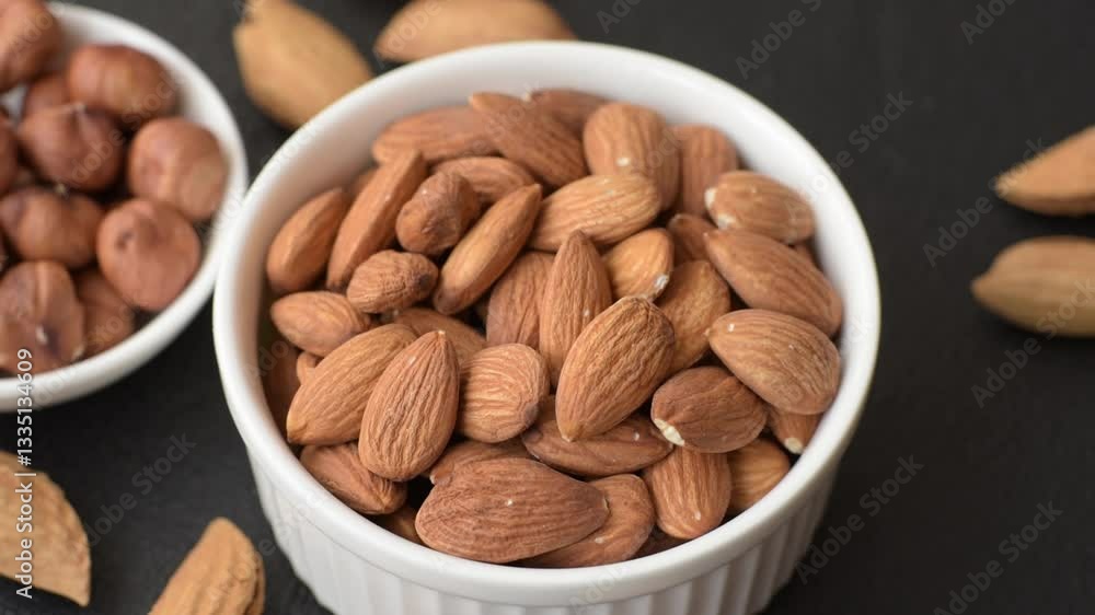 Roasted or raw peeled almonds in bowl on dark concrete background Roasted or raw peeled almonds in bowl on dark concrete background