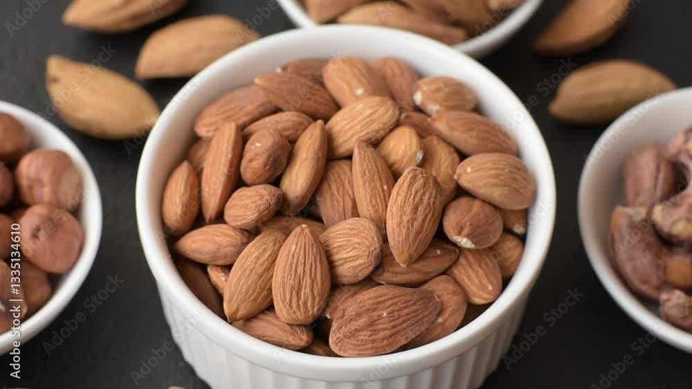 Roasted or raw peeled almonds in bowl on dark concrete background Roasted or raw peeled almonds in bowl on dark concrete background