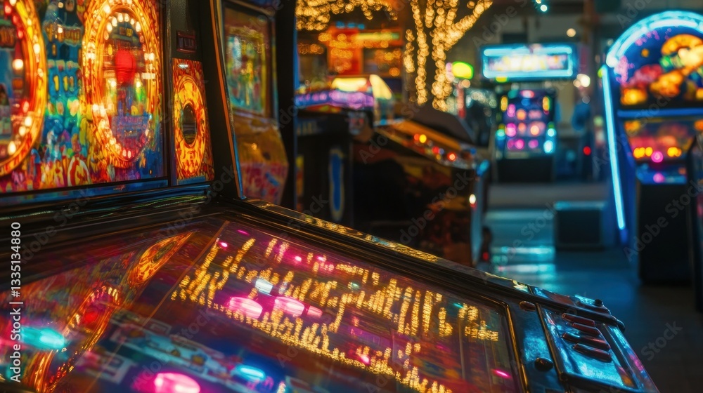 A vibrant arcade featuring several brightly lit pinball machines A vibrant arcade featuring several brightly lit pinball machines