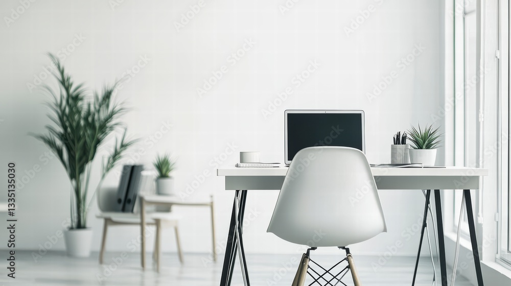 Fototapeta premium Modern Workspace: A minimalist home office setup with a sleek white desk, a modern chair, and natural light from the window, creating a productive and calm atmosphere.