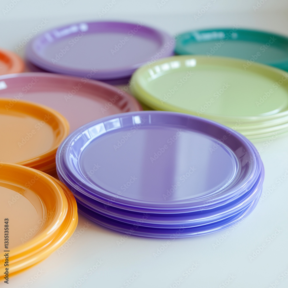 Vibrant plastic party plates, neatly stacked on white background for lively event table decor excellence Vibrant plastic party plates, neatly stacked on white background for lively event table decor excellence