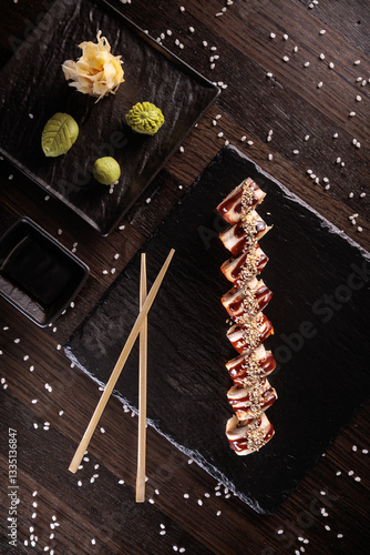 Appetizing sushi served with wasabi on a dark background in elegant restaurant style. Perfect for menu design, Japanese cuisine, gourmet dining, and food photography.