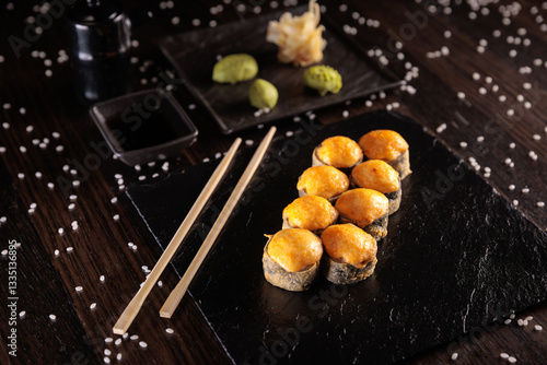 Appetizing sushi served with wasabi on a dark background in elegant restaurant style. Perfect for menu design, Japanese cuisine, gourmet dining, and food photography.