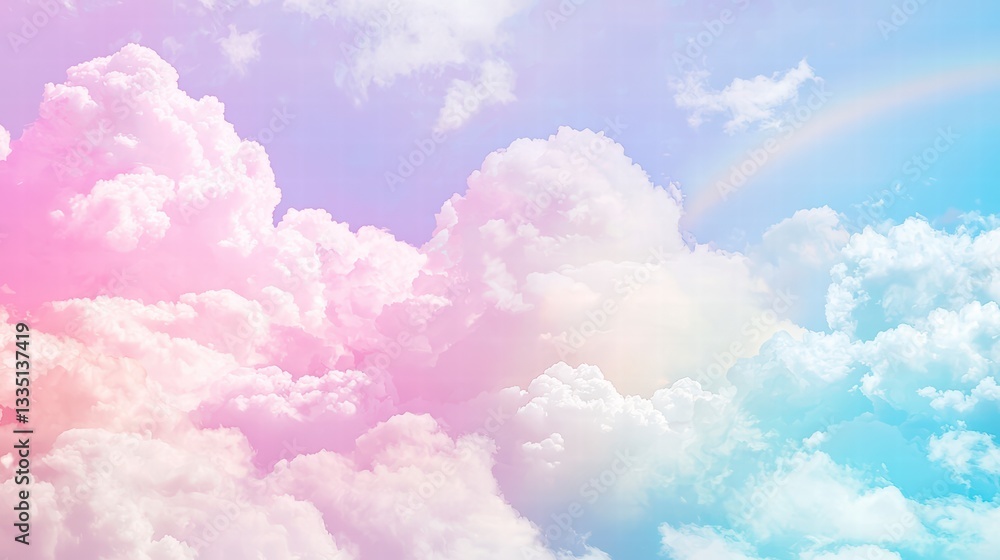 Dreamscape Sky: A breathtaking vista of fluffy clouds painted with pastel hues and touched by a rainbow's gentle arc, evoking a sense of peace and wonder. Dreamscape Sky: A breathtaking vista of fluffy clouds painted with pastel hues and touched by a rainbow's gentle arc, evoking a sense of peace and wonder.