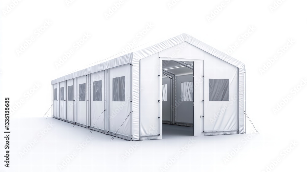 Emergency Shelter Structure: A large, white tent stands, a symbol of refuge. The structure presents an open entrance inviting hope. Emergency Shelter Structure: A large, white tent stands, a symbol of refuge. The structure presents an open entrance inviting hope.