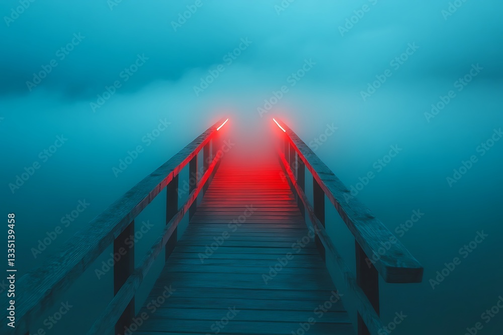 Obraz premium Wooden bridge with red lights in a foggy lake with moody sky, for atmosphere usage