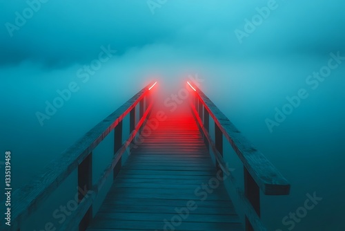 Wooden bridge with red lights in a foggy lake with moody sky, for atmosphere usage