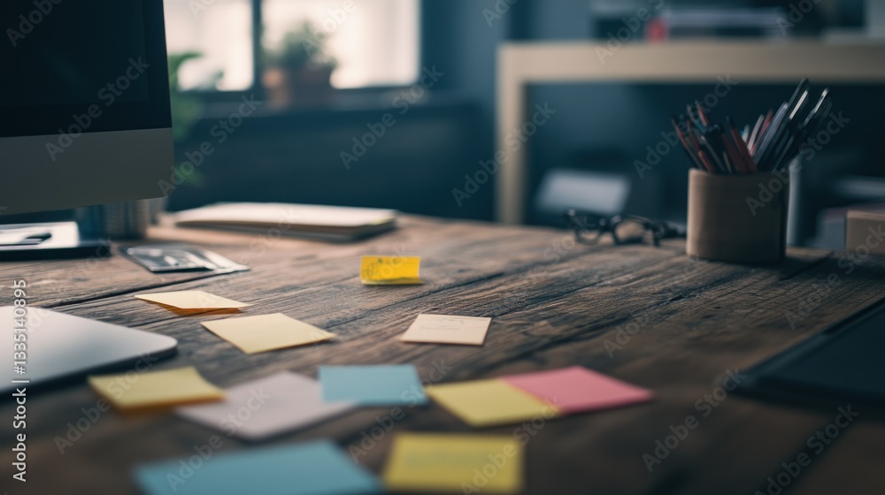 Fototapeta premium A cluttered wooden desk with notes and office supplies scattered around