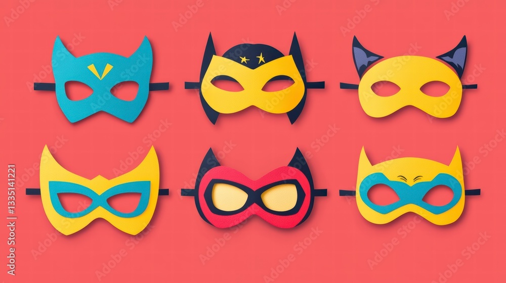 Superhero Masks: A captivating array of vibrantly colored superhero masks lies in an eye-catching arrangement, perfect for a thematic design or project. Superhero Masks: A captivating array of vibrantly colored superhero masks lies in an eye-catching arrangement, perfect for a thematic design or project.