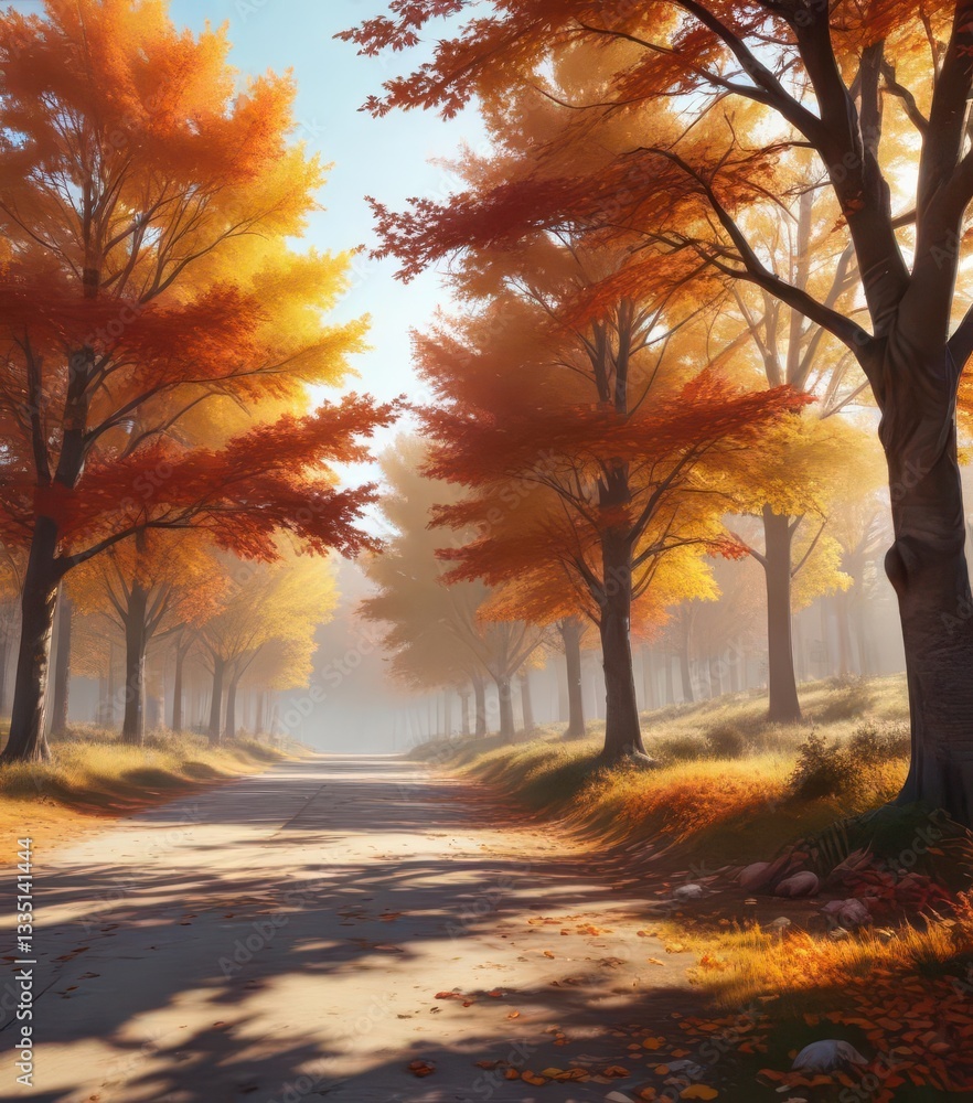 Fototapeta premium Crisp autumn day, sunlit trees, colorful foliage, forest, golden, season