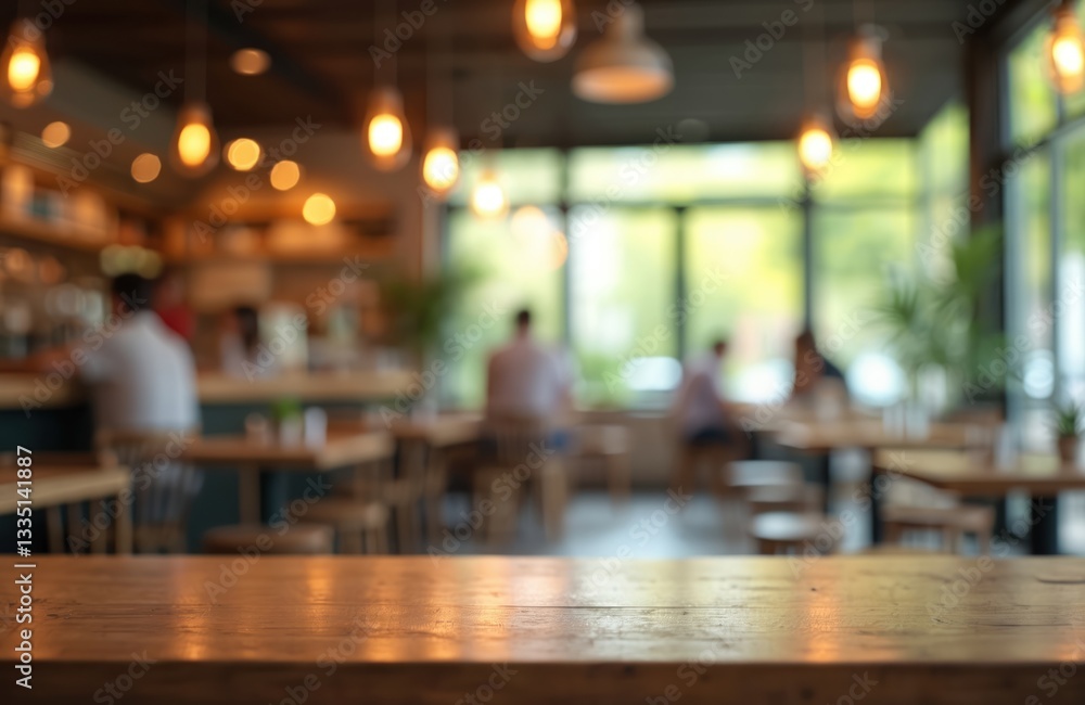 Abstract blur interior of coffee shop with bokeh lights. Wooden tabletop surface with blurred cafe background. Cozy eatery for business meeting, remote work. Modern lifestyle concept. Abstract blur interior of coffee shop with bokeh lights. Wooden tabletop surface with blurred cafe background. Cozy eatery for business meeting, remote work. Modern lifestyle concept.