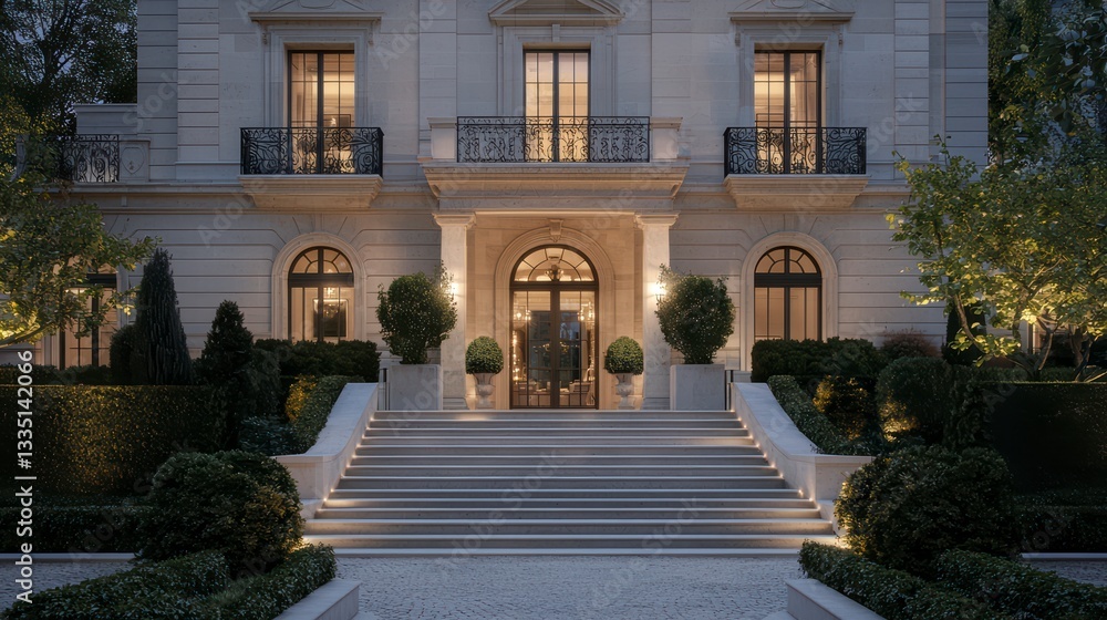Obraz premium Majestic Mansion: An elegant and opulent mansion exudes classic charm with a stunning architectural design, featuring symmetrical facade, manicured gardens, and warm interior light.