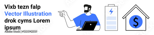 Man pointing while using a laptop, battery charging icon, and a dollar symbol inside a house. Ideal for technology, energy, economy, finance, renewable resources, real estate themes flat landing