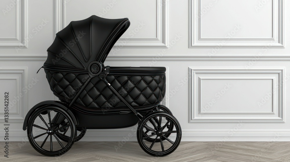 Naklejka premium Elegant black baby carriage with quilted upholstery and hooded canopy, against white paneled wall