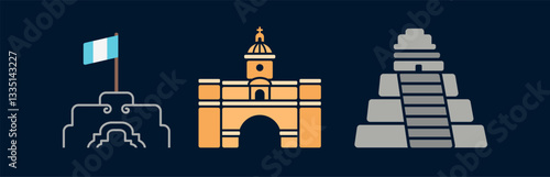 Minimalist illustrations of emblematic places of Guatemala, Antigua Guatemala, Zona 1, Tikal