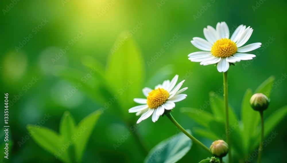 Delicate chamomile flowers and lush green leaves , chamomile, flora Delicate chamomile flowers and lush green leaves , chamomile, flora