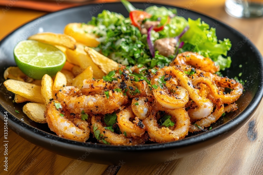 Crispy salt and pepper squid with chips and salad on a black plate enjoyed with lime on a warm summer day Crispy salt and pepper squid with chips and salad on a black plate enjoyed with lime on a warm summer day