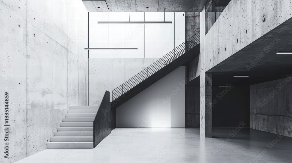 Fototapeta premium Modern Concrete Architecture: A minimalist composition showcasing a contemporary architectural interior featuring a stark concrete staircase, sleek lines, and expansive windows.