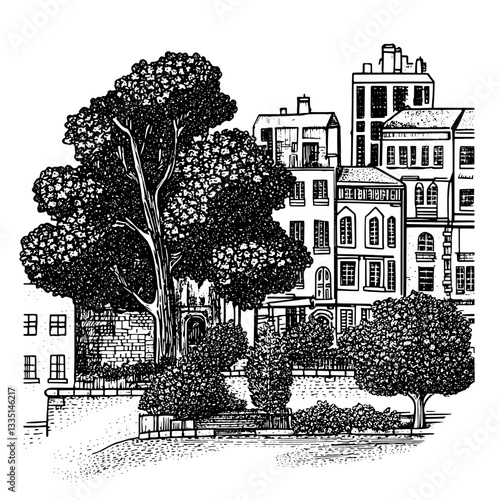 Nature intertwines with urban life in a beautiful park surrounded by historic buildings