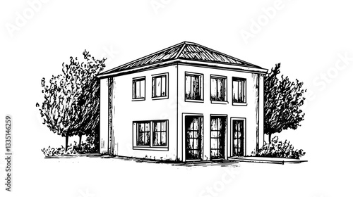 Beautiful nature surrounds a modern house with a charming design situated in a tranquil setting under a clear blue sky