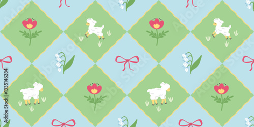 Seamless floral lattice pattern with bows and cute sheep. Hand-painted spring and summer flowers. Elegant fashionable print with bows. Design for baby print, fabric, wallpaper or wrapping paper.