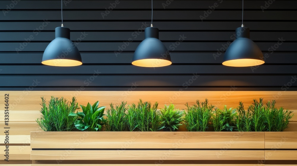 Obraz premium Modern Workspace Interior with Pendant Lights and Green Plants