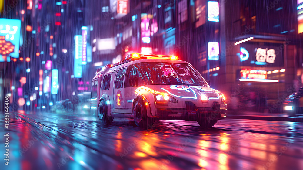 An AI-powered emergency medical vehicle rushing through neon-lit streets. An AI-powered emergency medical vehicle rushing through neon-lit streets.