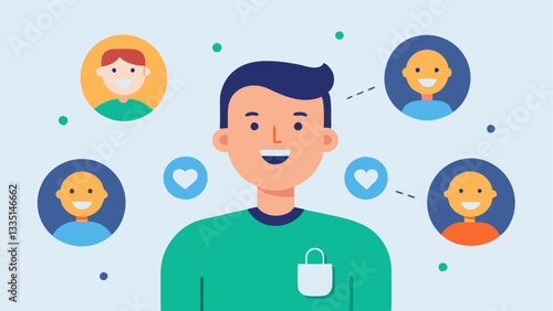 Patient Testimonial A vector of a happy patient sharing their positive experience with friends pointing to their rejuvenated skin with small exosome icons floating around them.