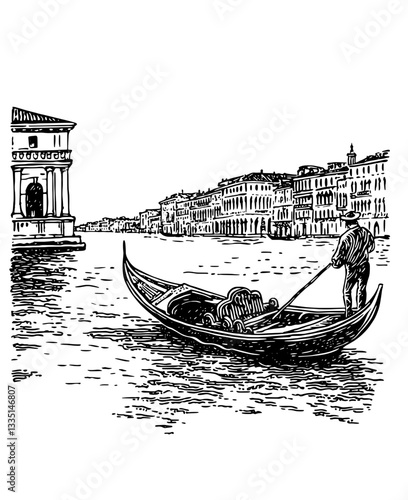 Gondolier navigates the serene waters of a historic city at sunset