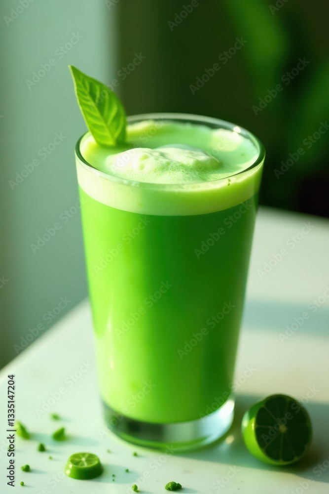 Fototapeta premium Iced matcha latte, vibrant green tea, frothy milk, smoothie, aesthetic