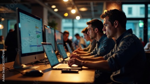Focused Developers Working in a Modern Tech Office at Night