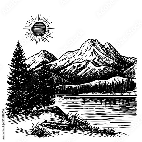 Cinematic view of majestic mountains reflected in a tranquil lake surrounded by lush trees under a radiant sun