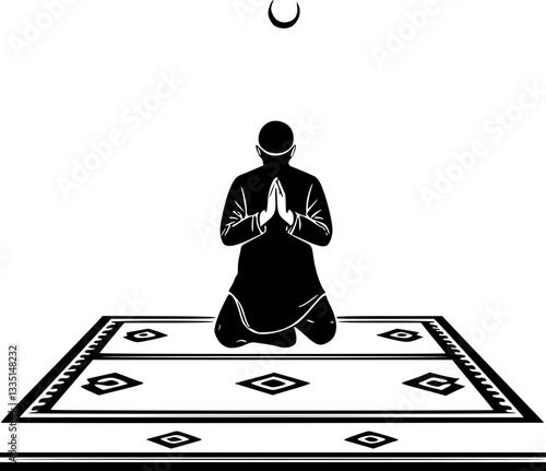 Monochrome illustration of a man performing Namaz prayer in minimalist black and white style for spiritual worship and religious devotion