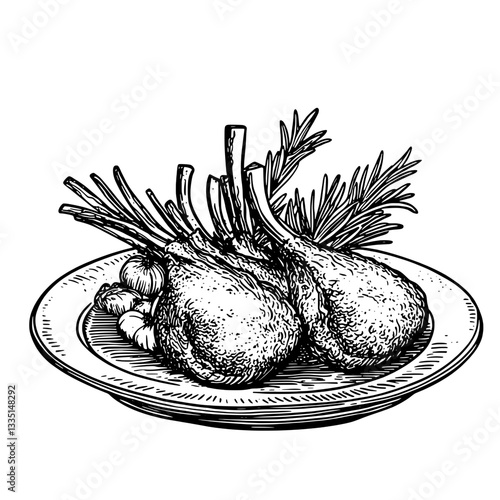 Cinematic depiction of a beautifully arranged plate featuring succulent lamb chops and fresh herbs