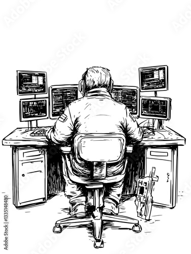 Surveillance operator monitors data streams in a high-tech control room at dusk