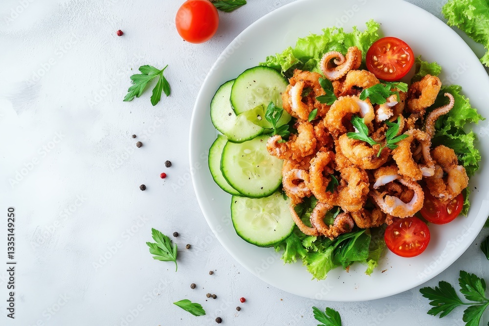 Crispy squid served with tomatoes cucumber and lettuce on a plate Crispy squid served with tomatoes cucumber and lettuce on a plate