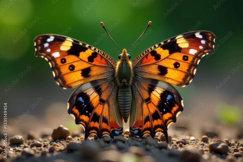 Obraz premium Newly emerged painted lady butterfly, wings drying , closeup, arthropod