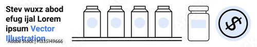 Medical bottles lined on a shelf, dollar sign representing cost or investment in healthcare and medicine. Ideal for healthcare, pharmacy, finance, research, medical supply, budgeting, simple landing