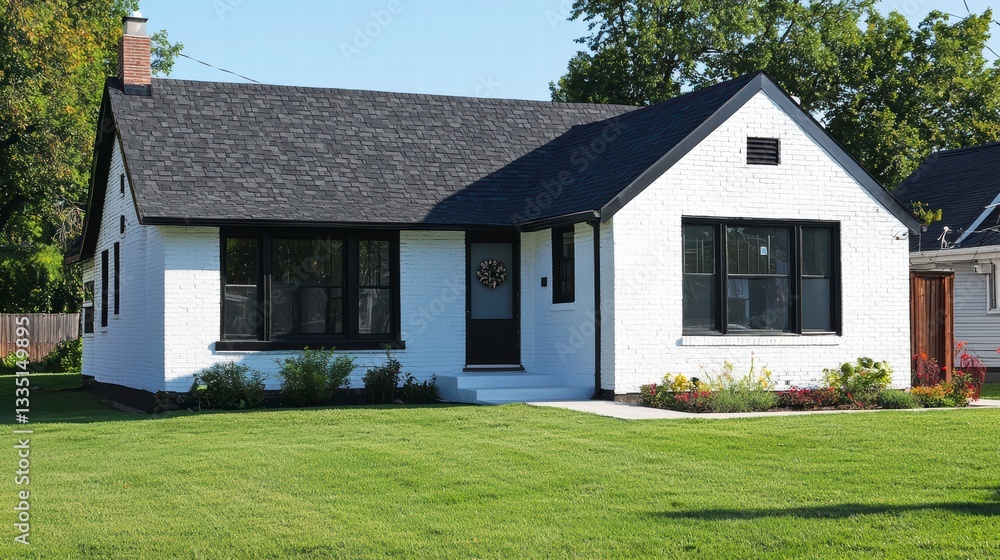Charming Residence: A quaint, white-walled house, exuding warmth and simplicity, stands amidst a well-manicured green lawn, offering a sense of domestic tranquility and inviting charm. Charming Residence: A quaint, white-walled house, exuding warmth and simplicity, stands amidst a well-manicured green lawn, offering a sense of domestic tranquility and inviting charm.