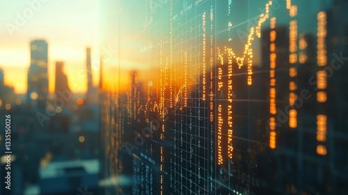 Abstract financial market data on a screen with blurred cityscape at sunset.
