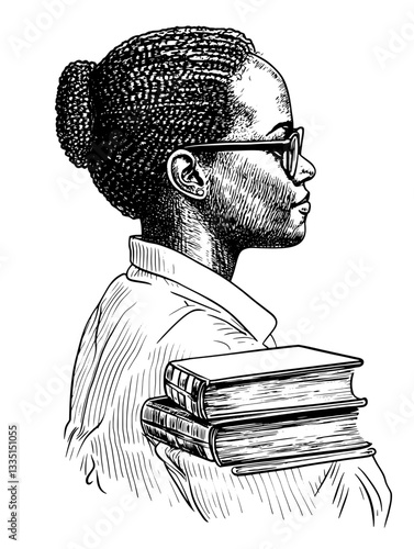 Captivating illustration of a woman carrying books while showcasing beauty and intellect in serene surroundings