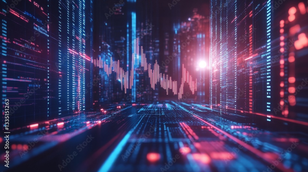 Fototapeta premium Abstract display of data on a digital screen in blue and red colors with downward trending chart. 