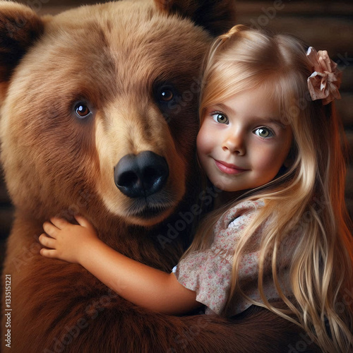 girl with teddy bear, Russian Blonde Girl With Long Hair Hugging Brown Bear In Forest And He Is Her Friend