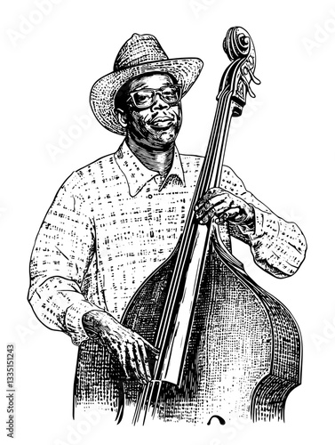 Beautiful cinematic representation of a musician playing double bass in a serene outdoor setting