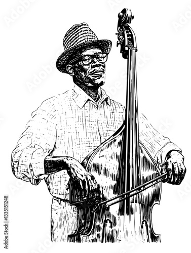 Elegant musical performance showcasing a bassist immersed in a melodic nature setting during golden hour