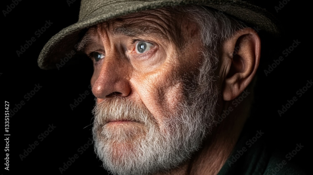 A close-up portrait of an elderly man with a thoughtful expression, wearing a hat, The dramatic lighting highlights his features, making it suitable for storytelling, emotion, or wisdom themes, A close-up portrait of an elderly man with a thoughtful expression, wearing a hat, The dramatic lighting highlights his features, making it suitable for storytelling, emotion, or wisdom themes,